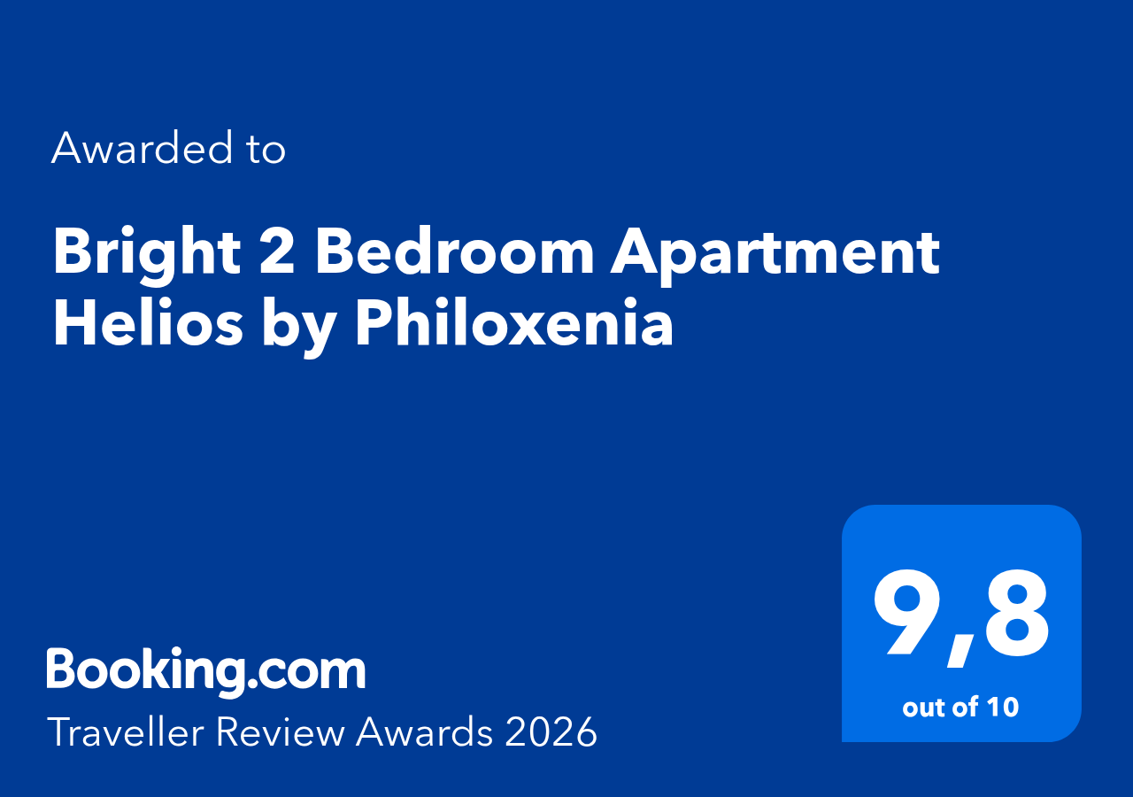 Booking.com Traveller Review Awards 2026 awarded to Bright 2 Bedroom Apartment Helios by Philoxenia, with a score of 9.8 out of 10