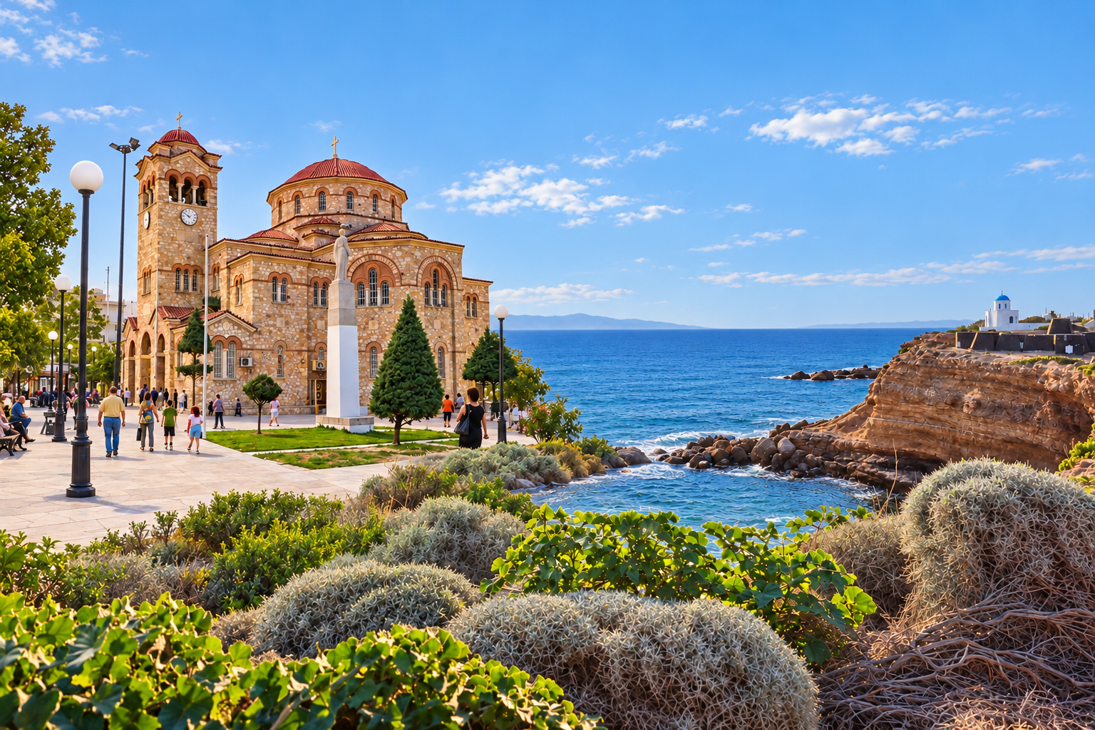 Illustrative blend of Egaleo town square and the Artemida coastline